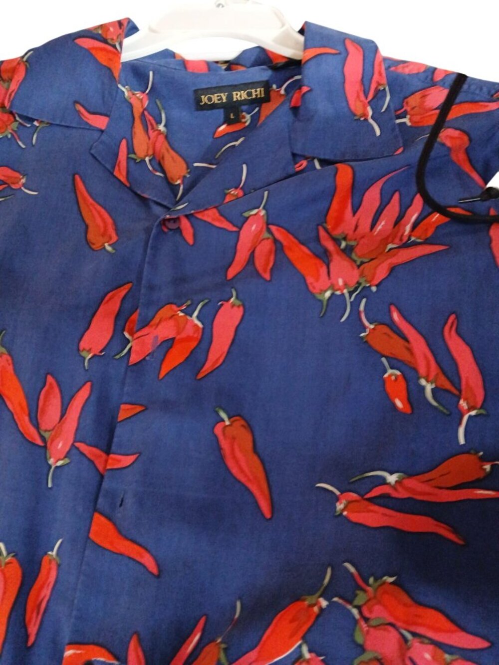 Vintage Joey Richi Mens Silk Chili Pepper Print Button Up Shirt Size L Blue Red - Picture 12 of 14